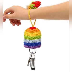 Hand Crocheted Magic Key Fob Hidden Key Protector in Rainbow Strawberry